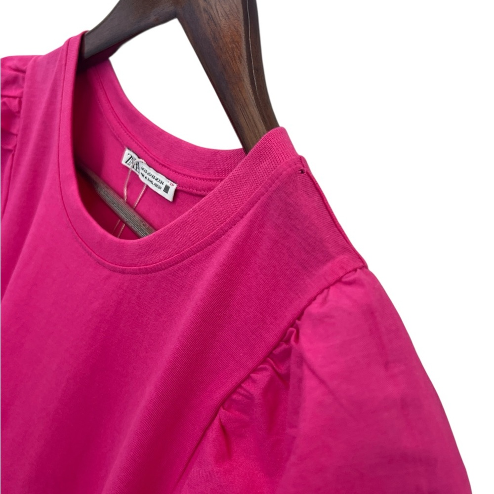 Zara Hot Pink Puff Sleeve Tiered Dress XS Pink Bubble Short Dress Casual Summer - Picture 3 of 6